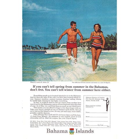 Vintage Print Ad - 1967 for Bahama Tourism - Beach, Bikini, Boat