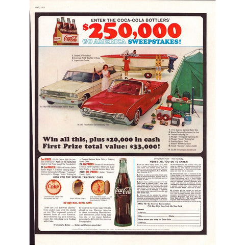 Vintage Print Ad -1963 for Coca-Cola w/ a Thunderbird Sweepstakes