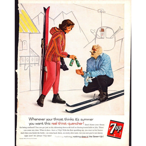 Vintage Print Ad -1960 for 7-Up and Duke Cigarettes Man and Woman Skiing