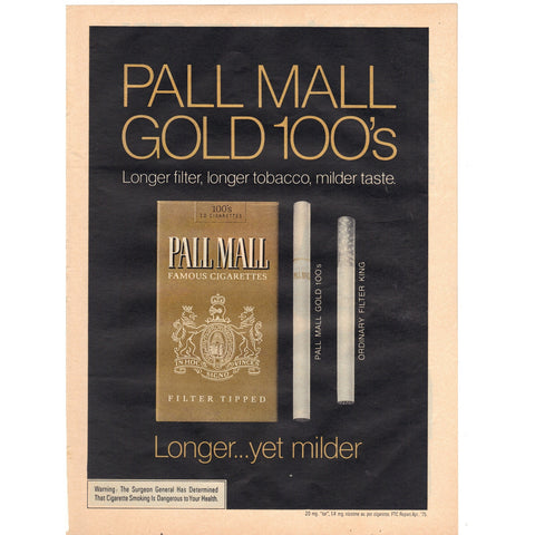 Vintage 1975 Print Ad for Pall Mall Gold 100's Cigarettes and Jerry Lewis Muscular Dystrophy