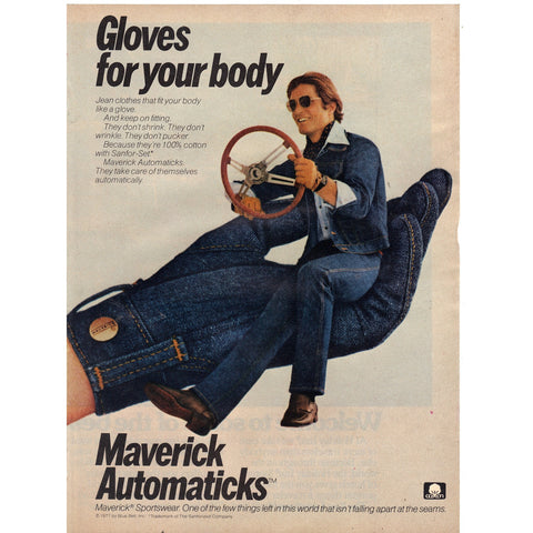 Vintage 1977 Print Ad for Maverick Automaticks Jeans Wear