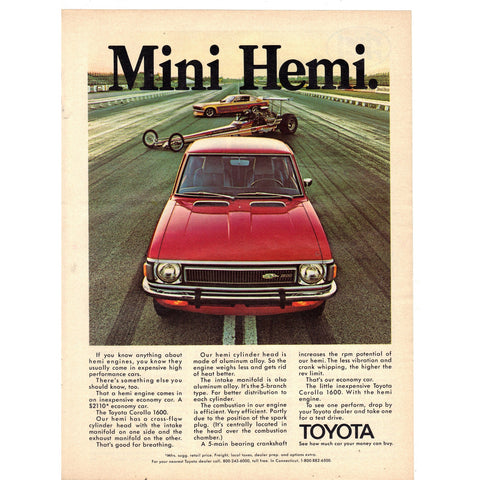 Vintage 1972 Toyota Corolla with Hemi Engine Print Ad