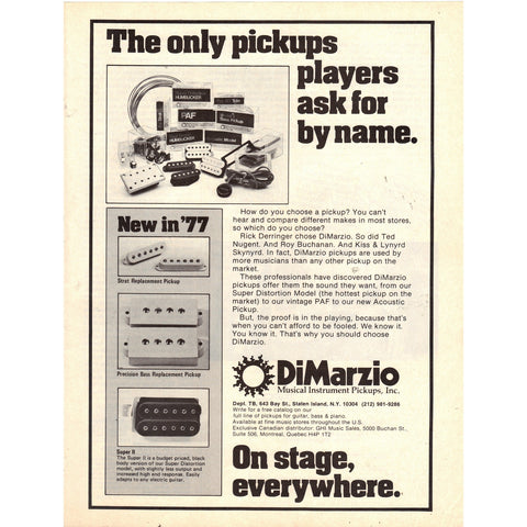 Vintage 1977 Print Ad for DiMarzio Guitar Pickups