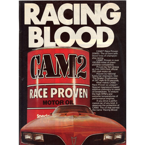 Vintage 1979 Print Ad for Cam 2 Motor Oil with Firebird