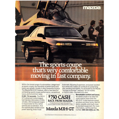 Vintage 1989 Print Ad for Mazda MX-6 GT