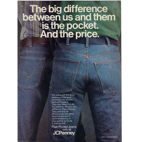 Vintage 1977 Print Ad for JC Penney Plain Pocket Jeans and Winston Cigarettes