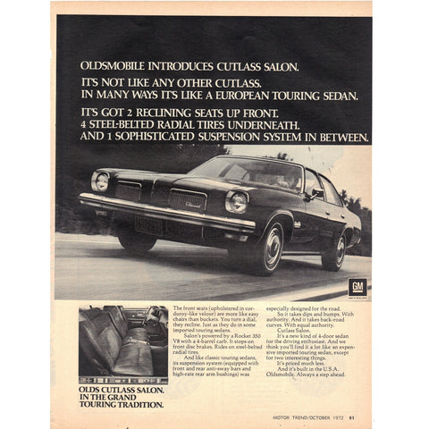 Vintage 1972 Oldsmobile Cutlass Salon Print Ad