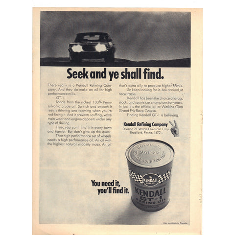 Vintage 1970 Print Ad for Kendall Motor Oil