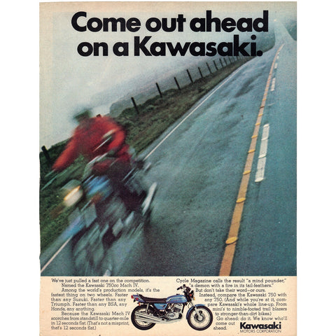 Vintage 1972 Print Ad for Kawasaki 750 Mach IV