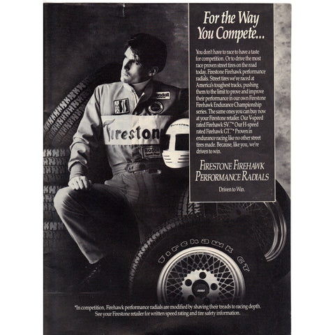 Vintage 1987 Print Ad for Firestone Firehawk Tires