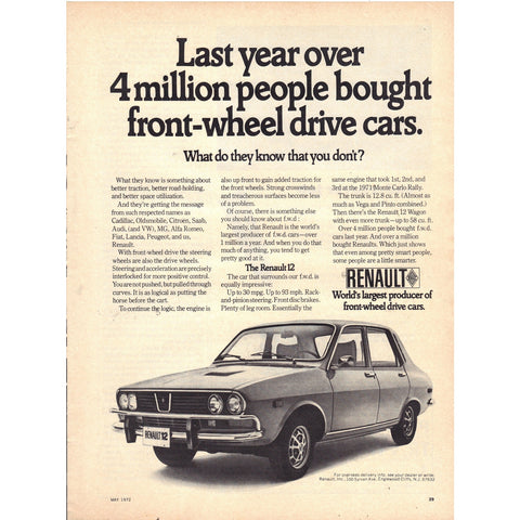 Vintage 1972 Renault 12 Print Ad