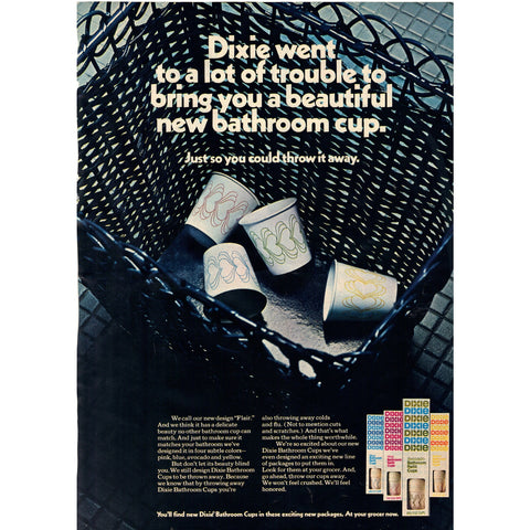 Vintage 1970 Print Ad for Dixie Bathroom Cups and Creative Stitchery Rag Dolls