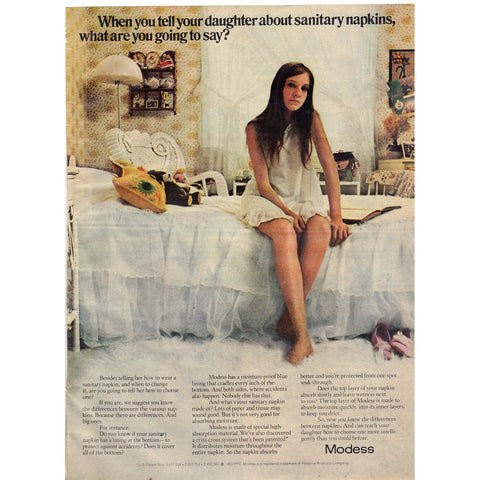 Vintage 1970 Print Ad for Modess Sanitary Napkins Pretty Girl