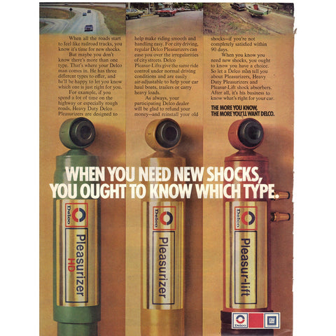 Vintage 1972 Print Ad for Delco Pleasur-Lift Shocks