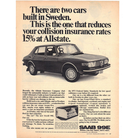 Vintage 1971 SAAB 99E Print Ad