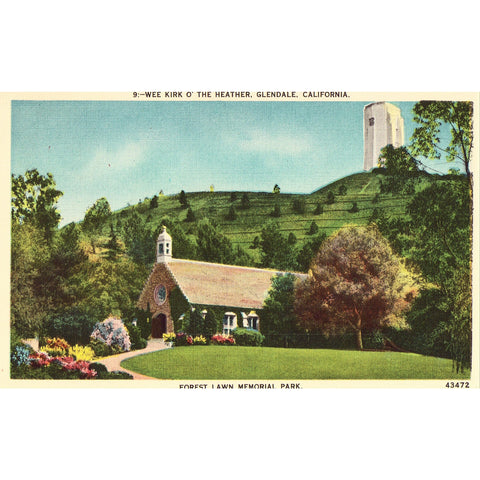 Linen Postcard - Wee Kirk O' The Heather - Forest Lawn Memorial Park - Glendale, California