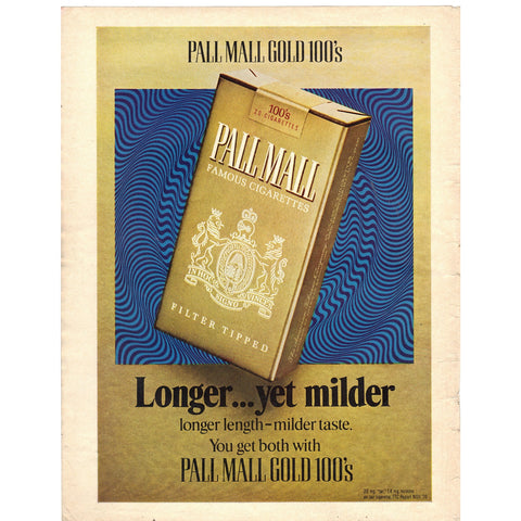 Vintage 1971 Print Ad for Pall Mall Gold 100's Cigarettes