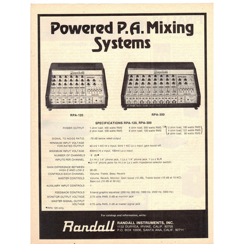 Vintage 1977 Print Ad for Randall P.A. Systems