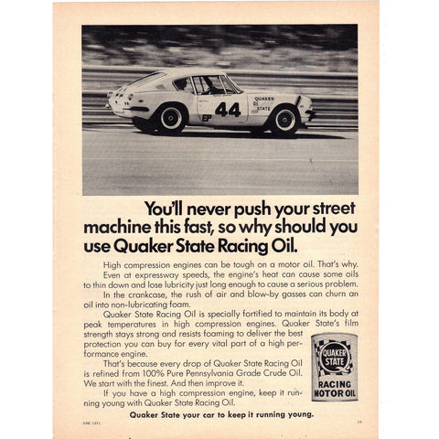 Vintage 1971 Print Ad for Quaker State Racing Motor Oil - Wall Art