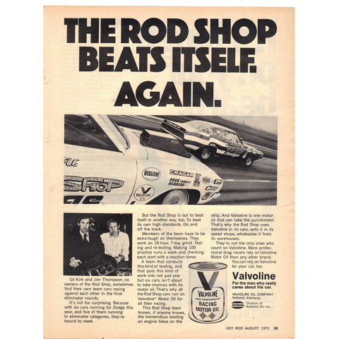 Vintage 1972 Print Ad for Valvoline Racing Oil