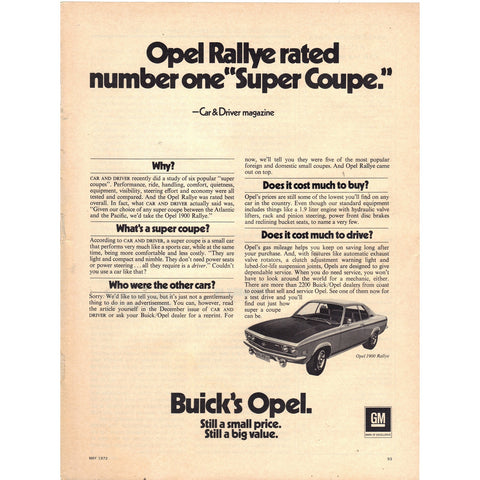 Vintage 1972 Buick Opel 1900 Rallye Print Ad