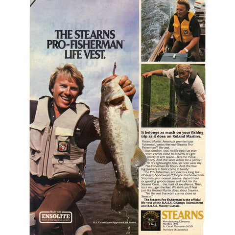 Vintage 1979 Print Ad for Stearns Pro-Fisherman Life Vest