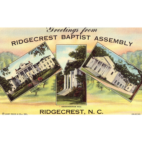 Linen Postcard - Greetings from Ridgecrest Baptist Assembly - Ridgecrest, North Carolina