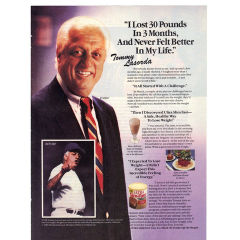 Vintage 1989 Print Ad for Ultra Slim-Fast w/ Tommy Lasorda