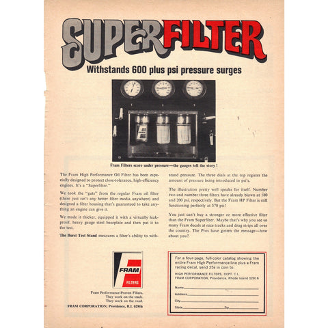 Vintage 1969 Print Ad for Fram Filters