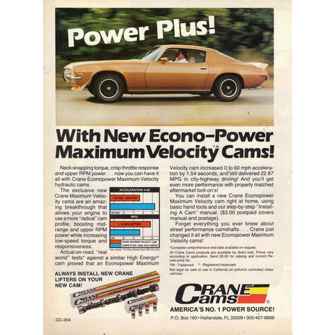 Vintage 1984 Print Ad for Crane Cams with Camaro