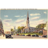 Linen Postcard -Main Street, Unitarian Church and Wesley Church - Worcester, Massachusetts