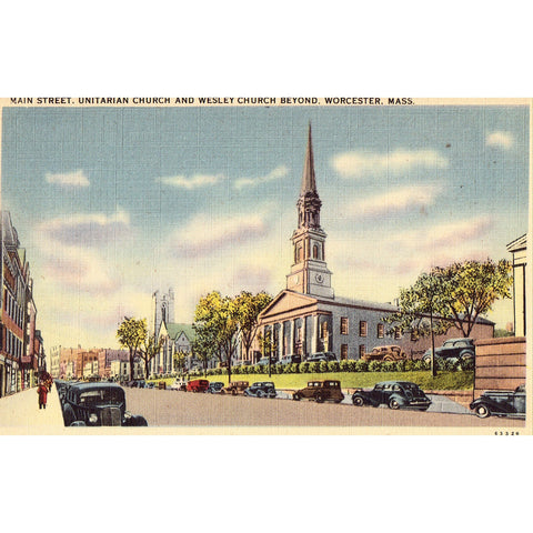 Linen Postcard -Main Street, Unitarian Church and Wesley Church - Worcester, Massachusetts