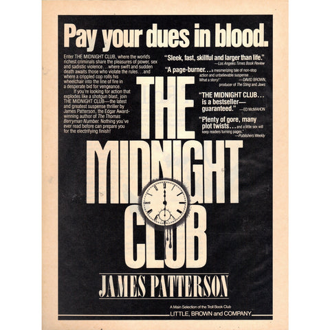 Vintage 1989 Print Ad for The Midnight Club by James Patterson and Time Life Rock 'n Roll Revival