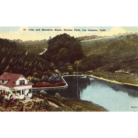 Vintage Postcard - Lake and Mountain Roads - Elysian Park - Los Angeles,California