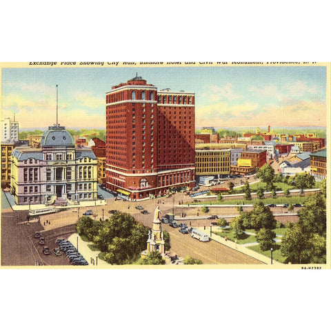 Linen Postcard - Exchange Place,showing City Hall,Biltmore Hotel and Civil War Monument - Providence, Rhode Island