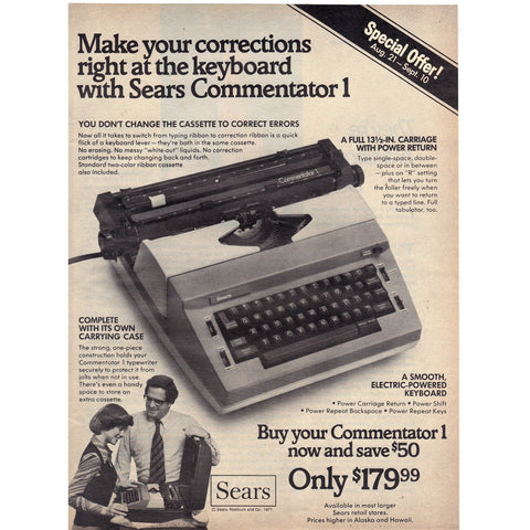 Vintage 1977 Sears Commentator 1 Typewriter Print Ad