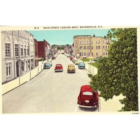 Linen Postcard - Main Street, Looking West - Waynesville, North Carolina