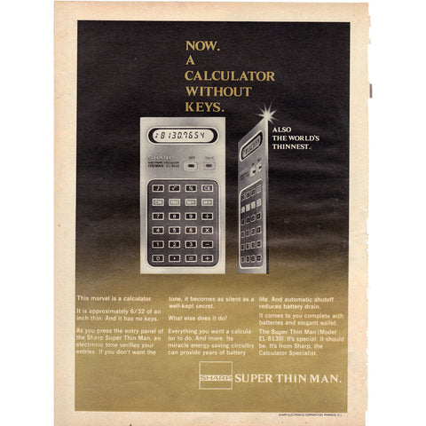 Vintage 1977 Print Ad for Sharp Super Thin Calculator