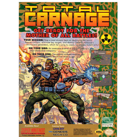 Vintage 1993 Print Ad for Total Carnage- Super NES