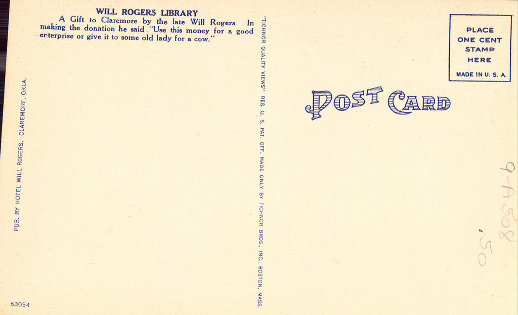 Will Rogers Library - Claremore,Oklahoma Linen Postcard